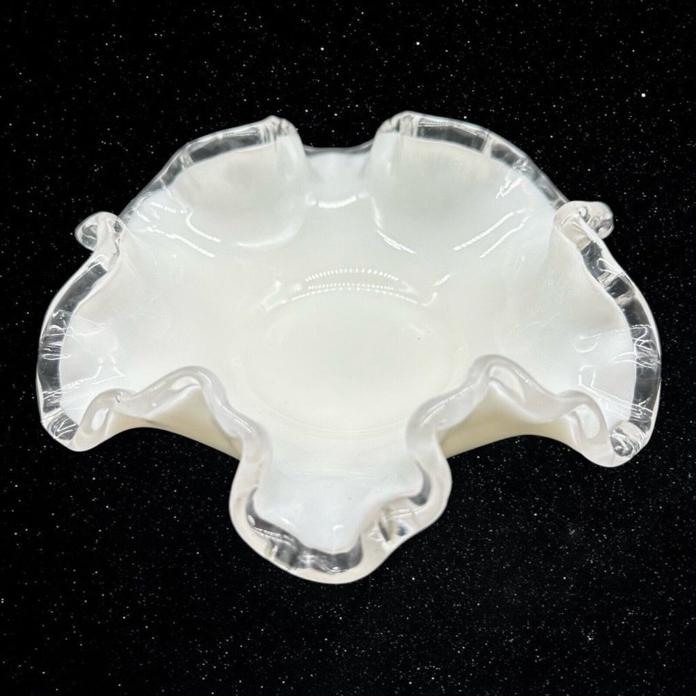 Fenton Silver Crest Ruffled Edge Candy Trinket Dish Bowl Milk Glass 1”T 5.5”W‎